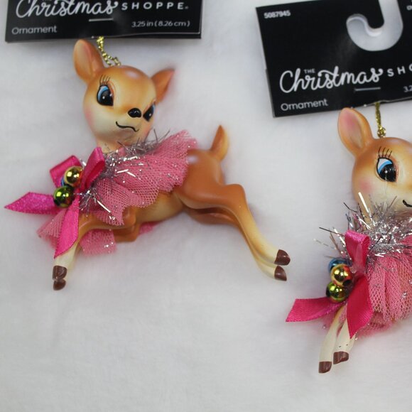 Christmas Shoppe Ornaments Reindeer Tutu Retro Style Set Deer Pink Bow NWT - Picture 4 of 5
